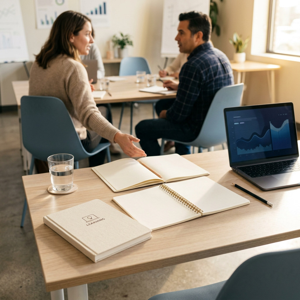 Learning materials and a notebook on a sunlit desk during a small-business workshop